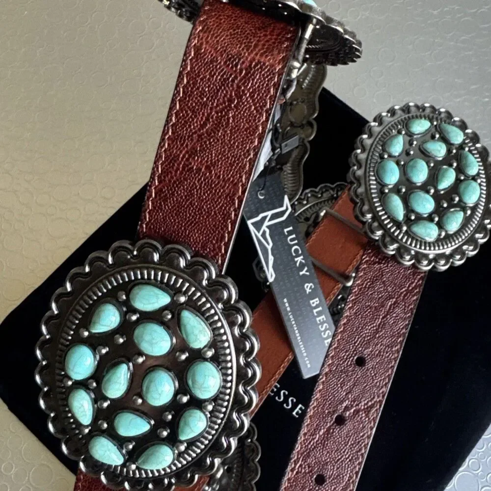 Lucky & Blessed Turquoise Concho Leather Belt - Size S Runs Bigger Dust Bag